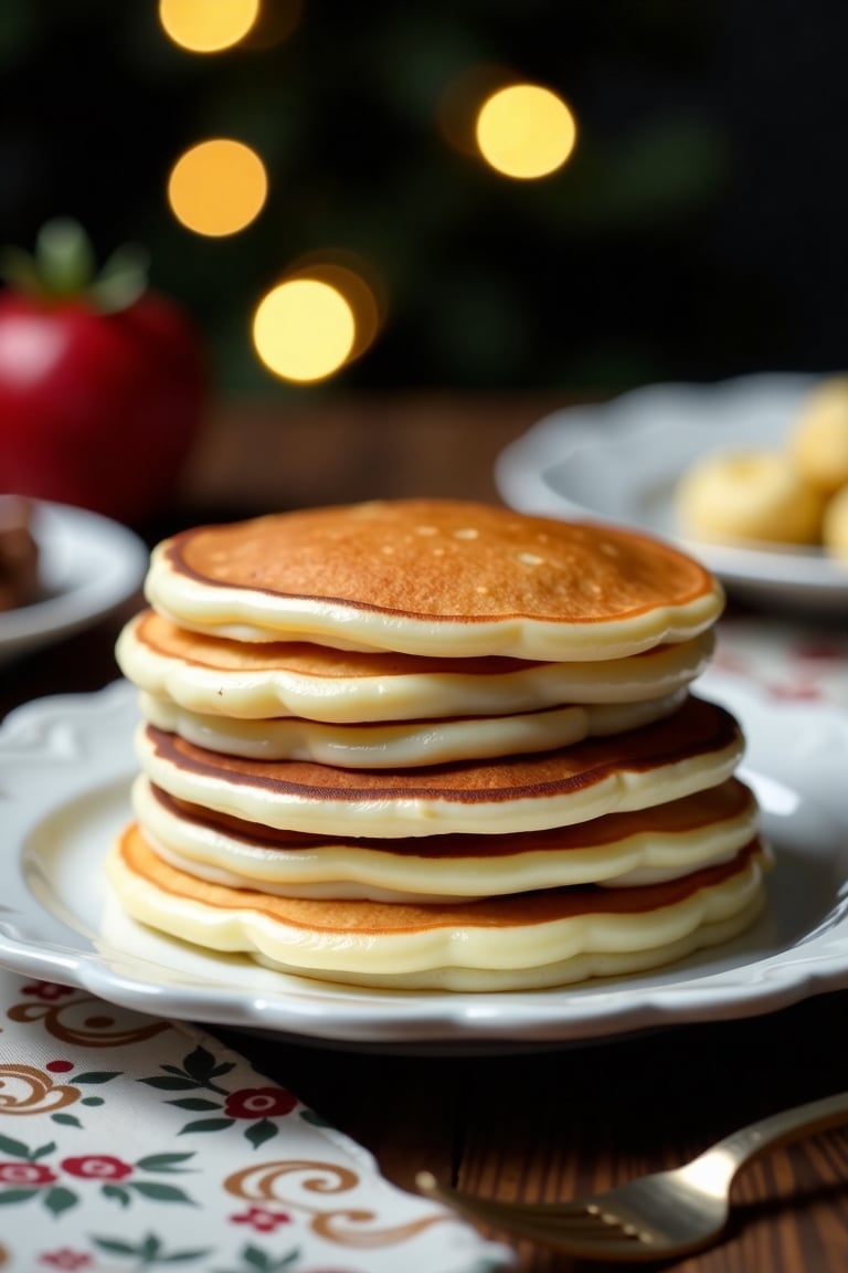 A stack of thin golden pancakes on an elegant plate is the main character of the frame. Perfectly smooth,  with an appetiz...