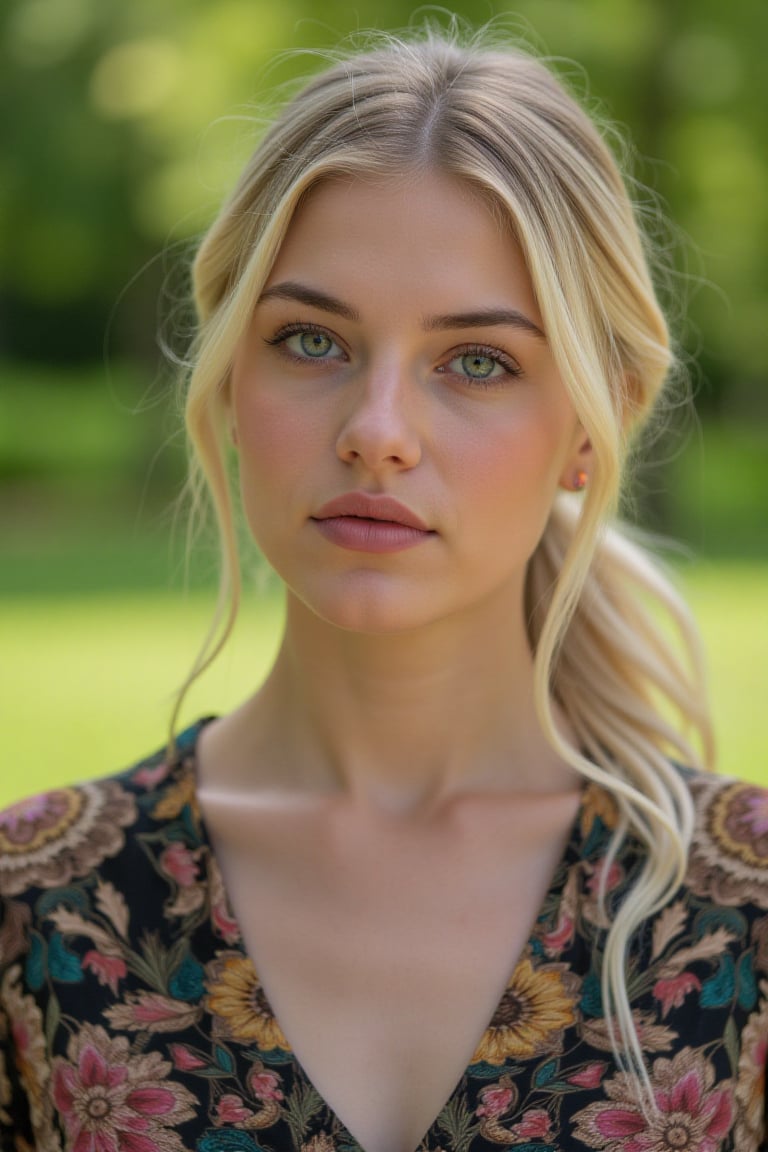 create a woman with blonde hair and a pony she have bue eyes and a nice small nose she have full lips and a normal figure....