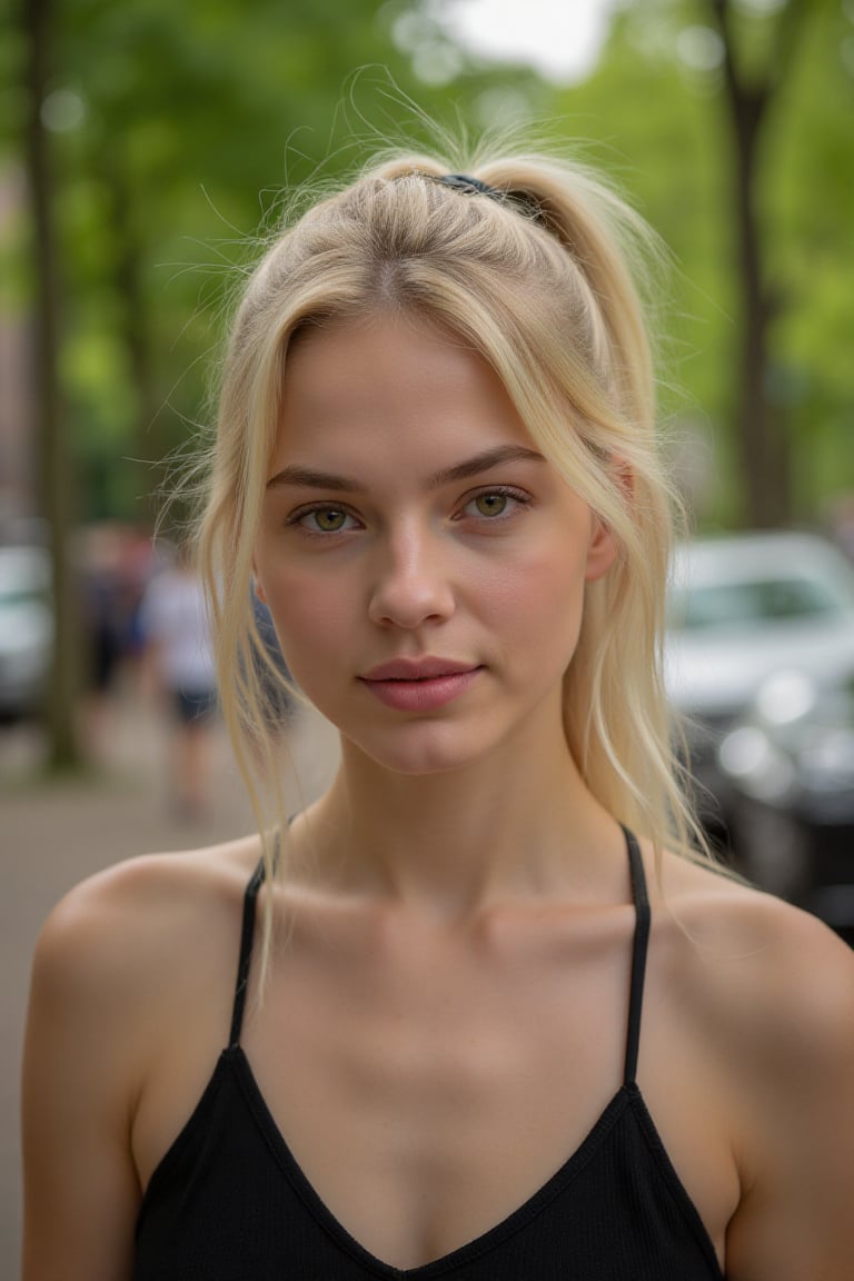 create a woman with blonde hair and a pony she have bue eyes and a nice small nose she have full lips and a normal figure....
