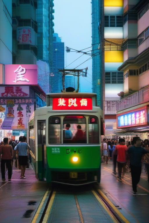 Hong Kong,  Mong Kok with neon signs,  Trams ("Ding Ding") by Kan Cheuk Tik Garrick 23631686 on Tensor.Art