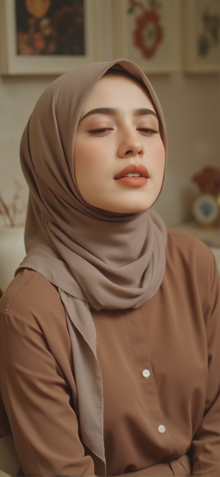 The image shows a person with matching long hijab wearing a light brown top. The background is blurred,  but it appears to...