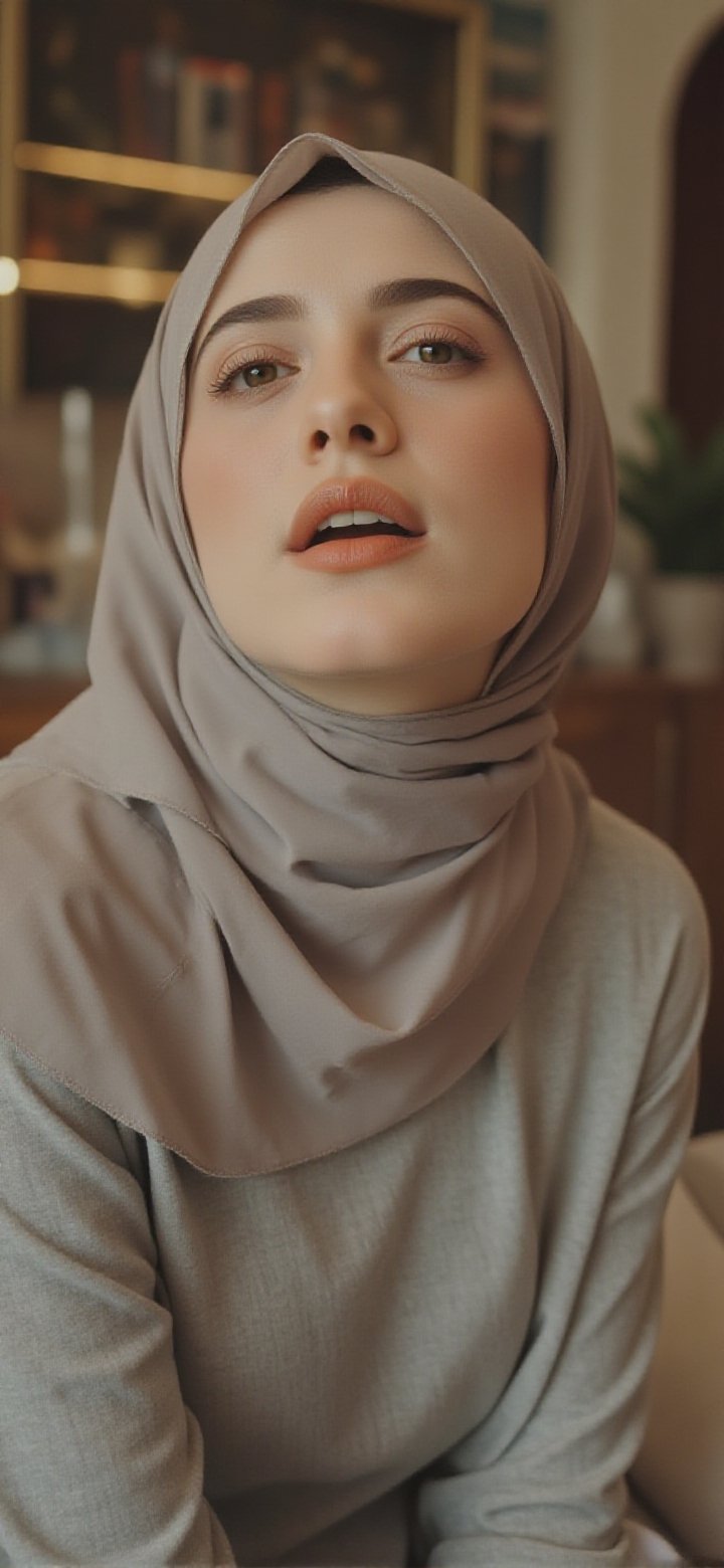 The image shows a person with matching long hijab wearing a light grey top. The background is blurred,  but it appears to...