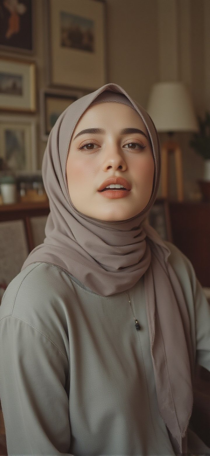 The image shows a person with matching long hijab wearing a light grey top. The background is blurred,  but it appears to...