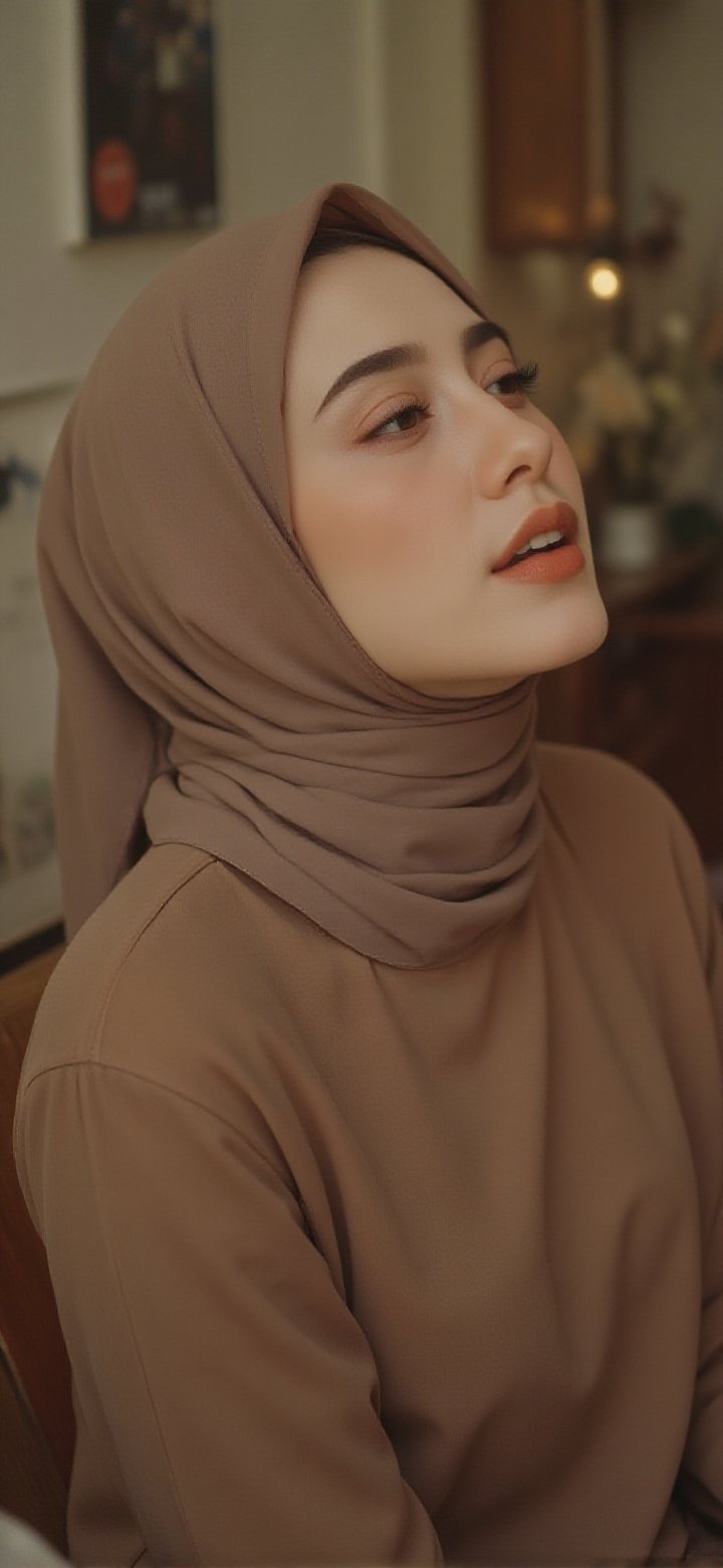 The image shows a person with matching long hijab wearing a light brown top. The background is blurred,  but it appears to...