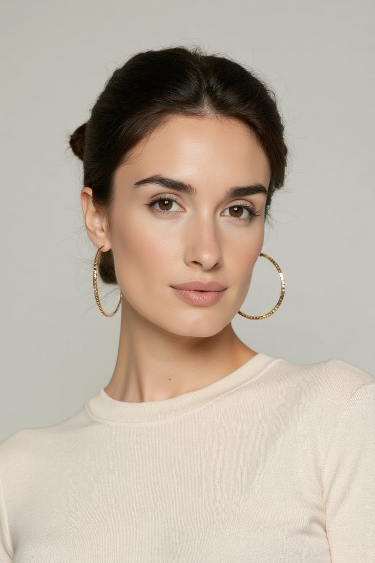 "A clean,  minimalist portrait of a confident woman with striking eyes and a calm expression. She is wearing a light-color...