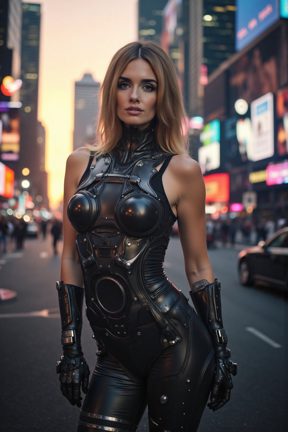 a striking cybernetic woman,  stands confidently in a futuristic cityscape at sunset. Soft,  even lighting casts a warm gl...