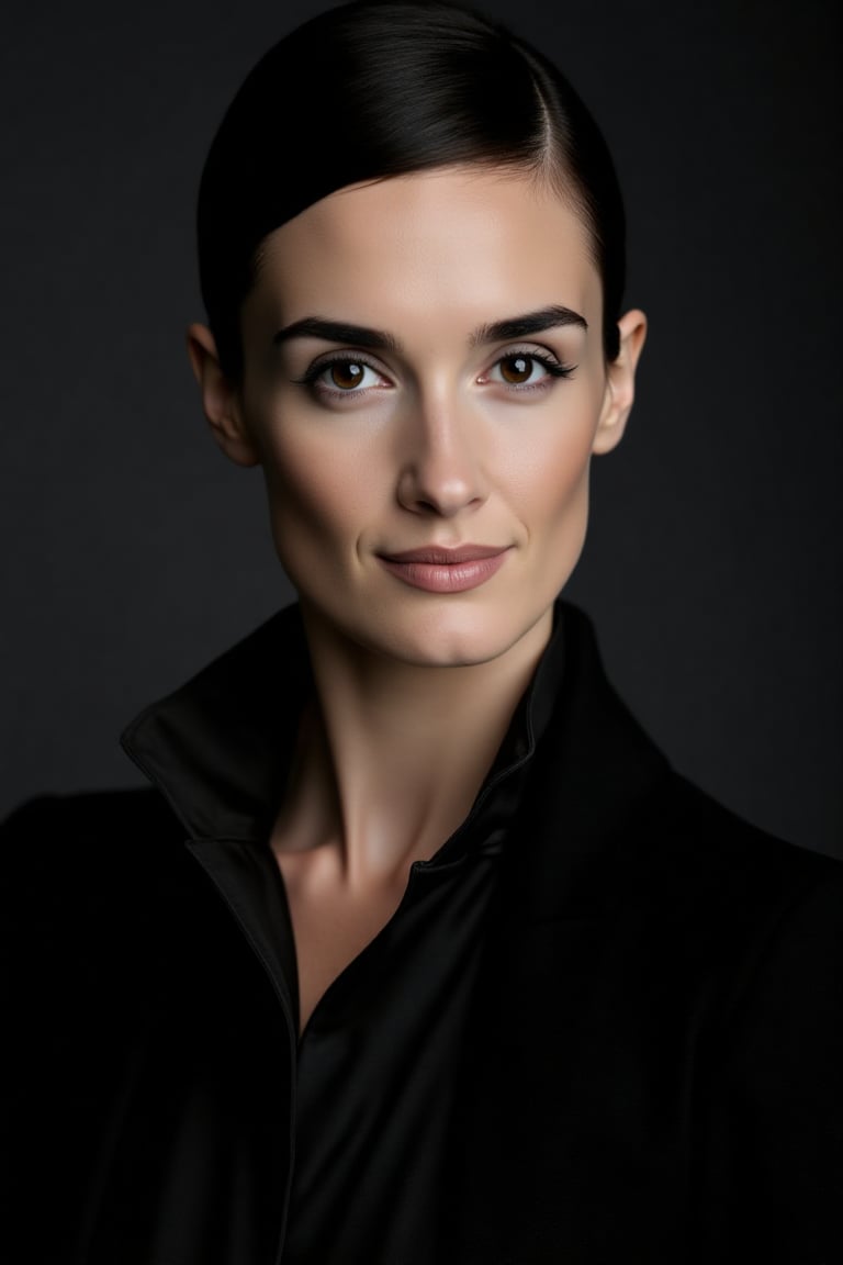 Create a close-up,  high-fashion portrait of a woman with striking eyes and confident smile. Her hair is styled back in a...