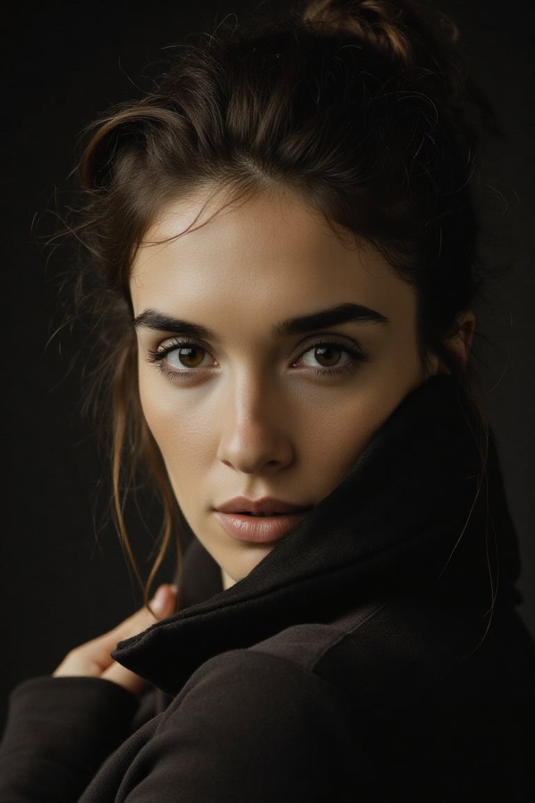 portrait inspired by Peter Lindbergh's photographic style,  a woman looking directly into the camera with an intimate and...