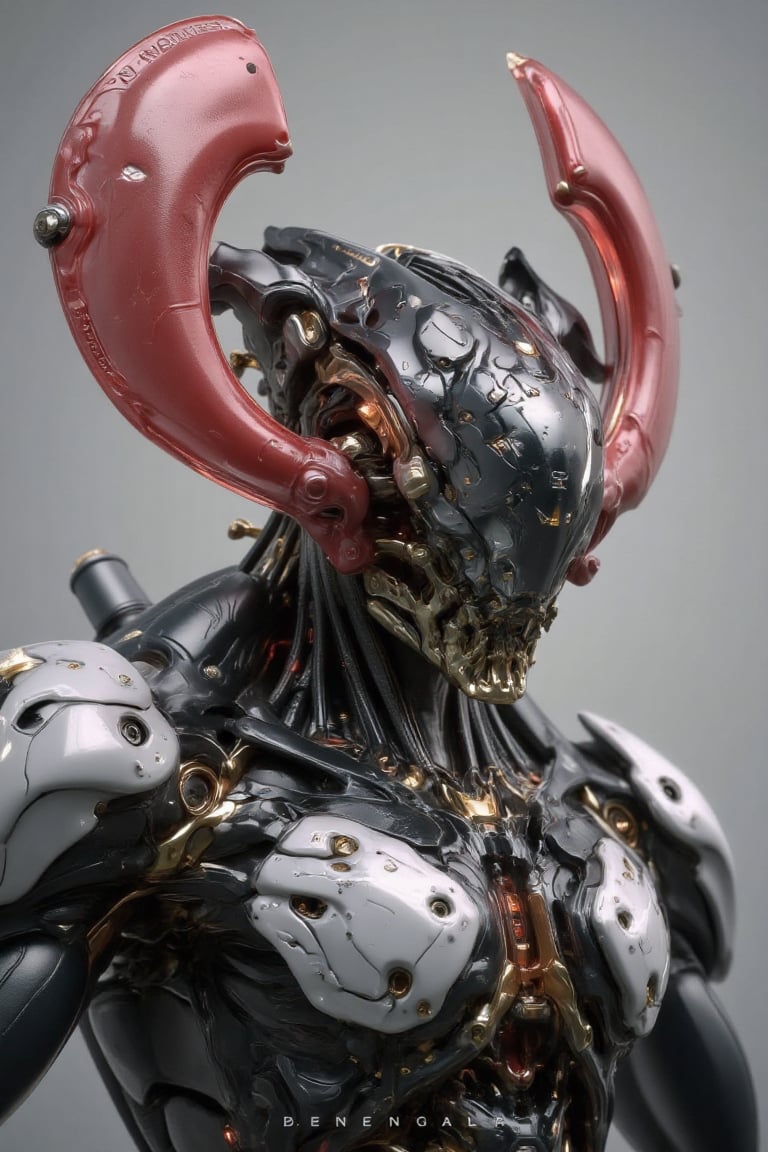 "Create a highly detailed and futuristic alien warrior with a biomechanical design,  featuring a menacing,  angular helmet...