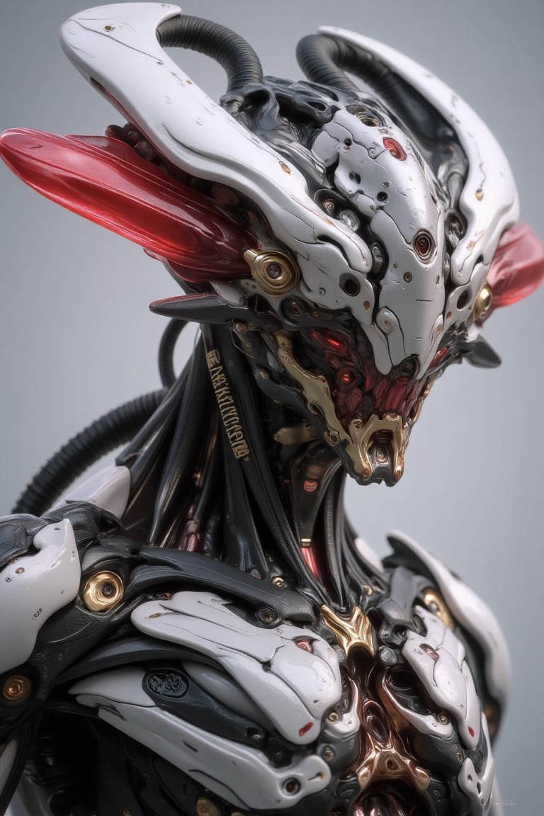 "Create a highly detailed and futuristic alien warrior with a biomechanical design,  featuring a menacing,  angular helmet...
