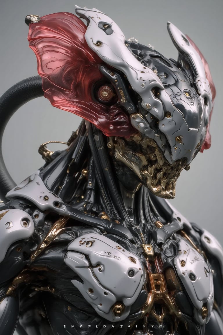 "Create a highly detailed and futuristic alien warrior with a biomechanical design,  featuring a menacing,  angular helmet...