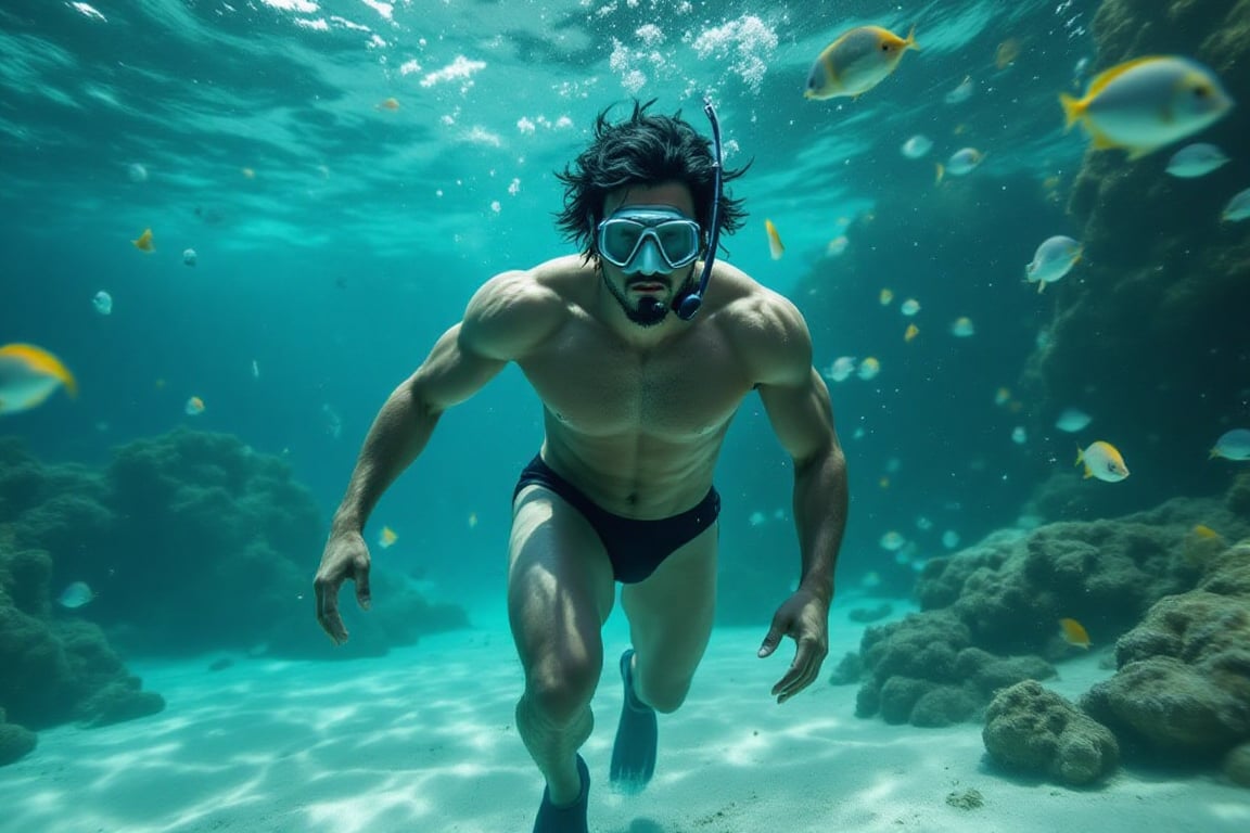 An athletic and muscular man with black hair wearing just a pair of black speedos and a pair of fins,  snorkel and diving...