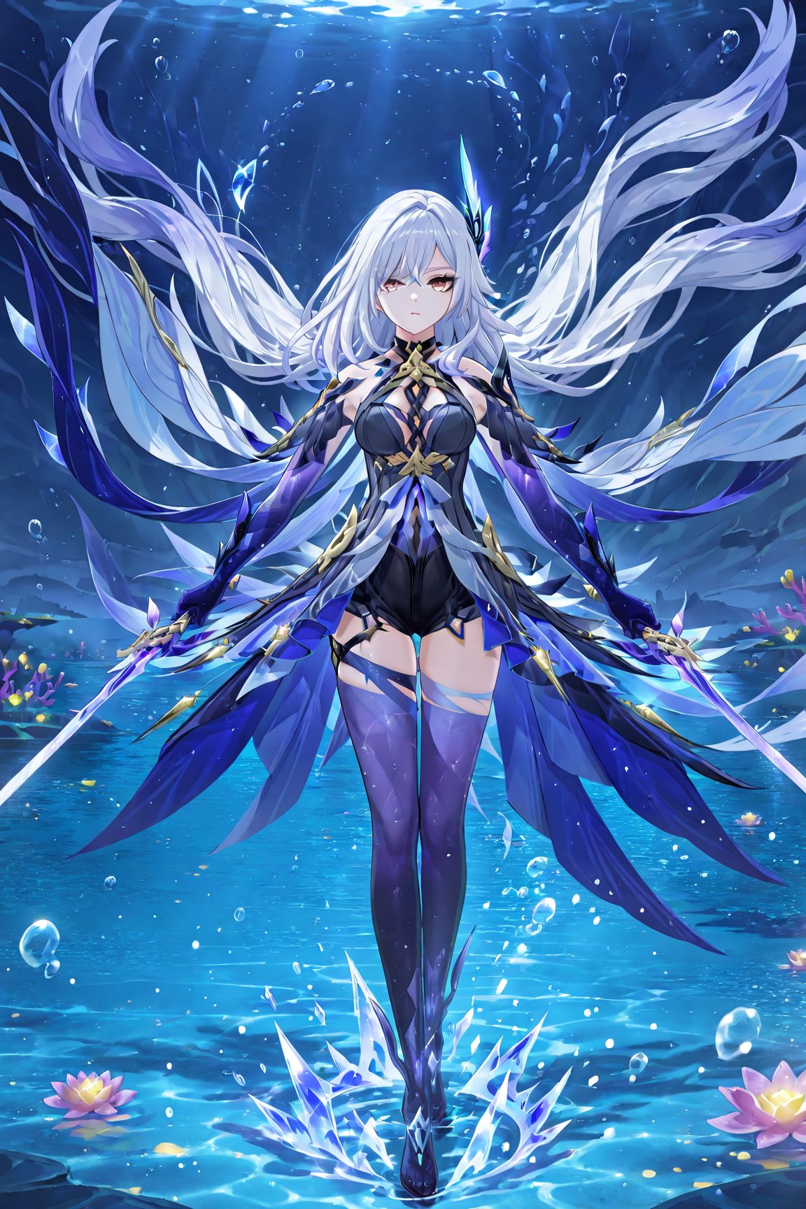 "Ultra-detailed fantasy portrait of Skirk from Genshin Impact,  standing in a dimly lit,  underwater abyss. Her long dark...
