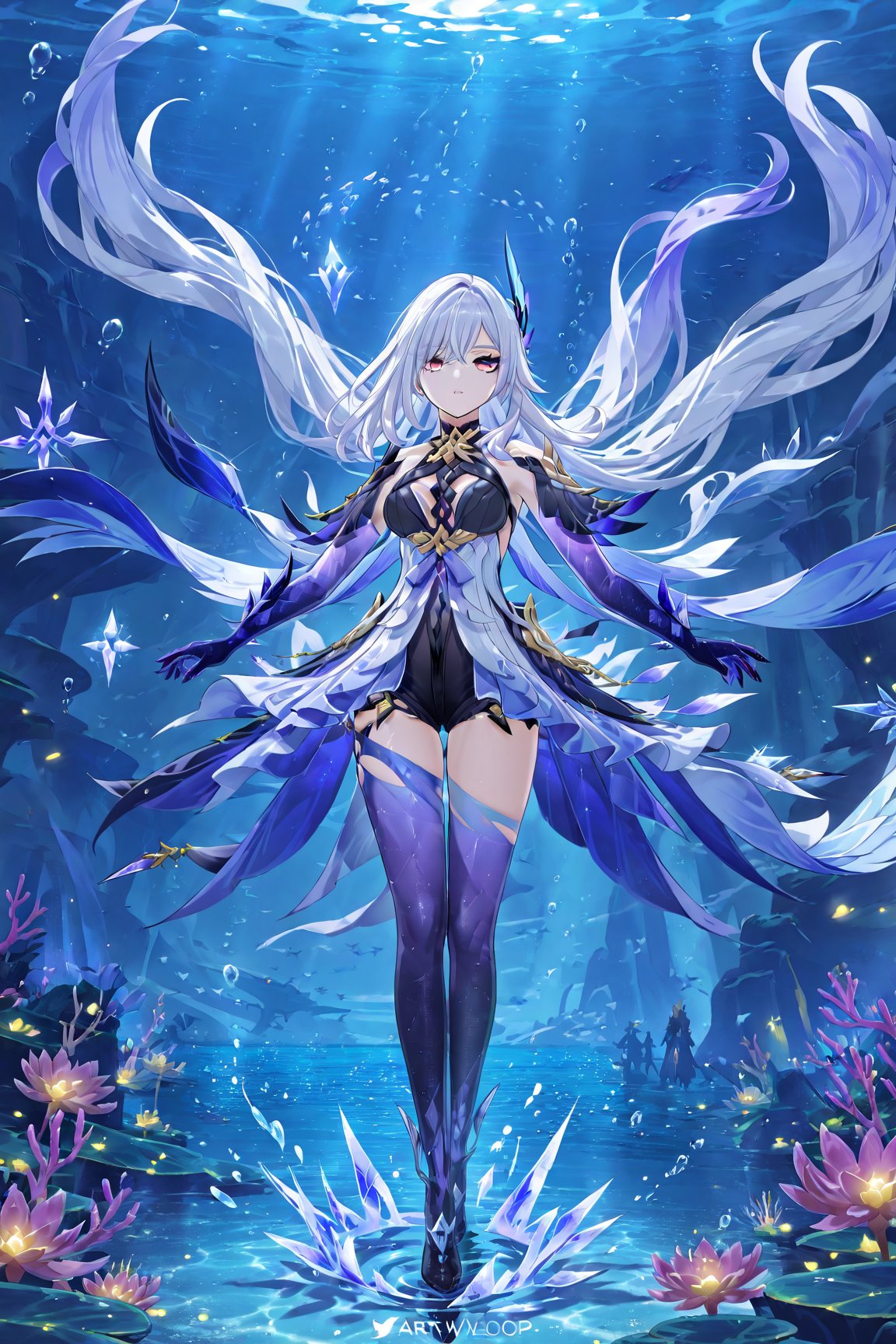 "Ultra-detailed fantasy portrait of Skirk from Genshin Impact,  standing in a dimly lit,  underwater abyss. Her long dark...