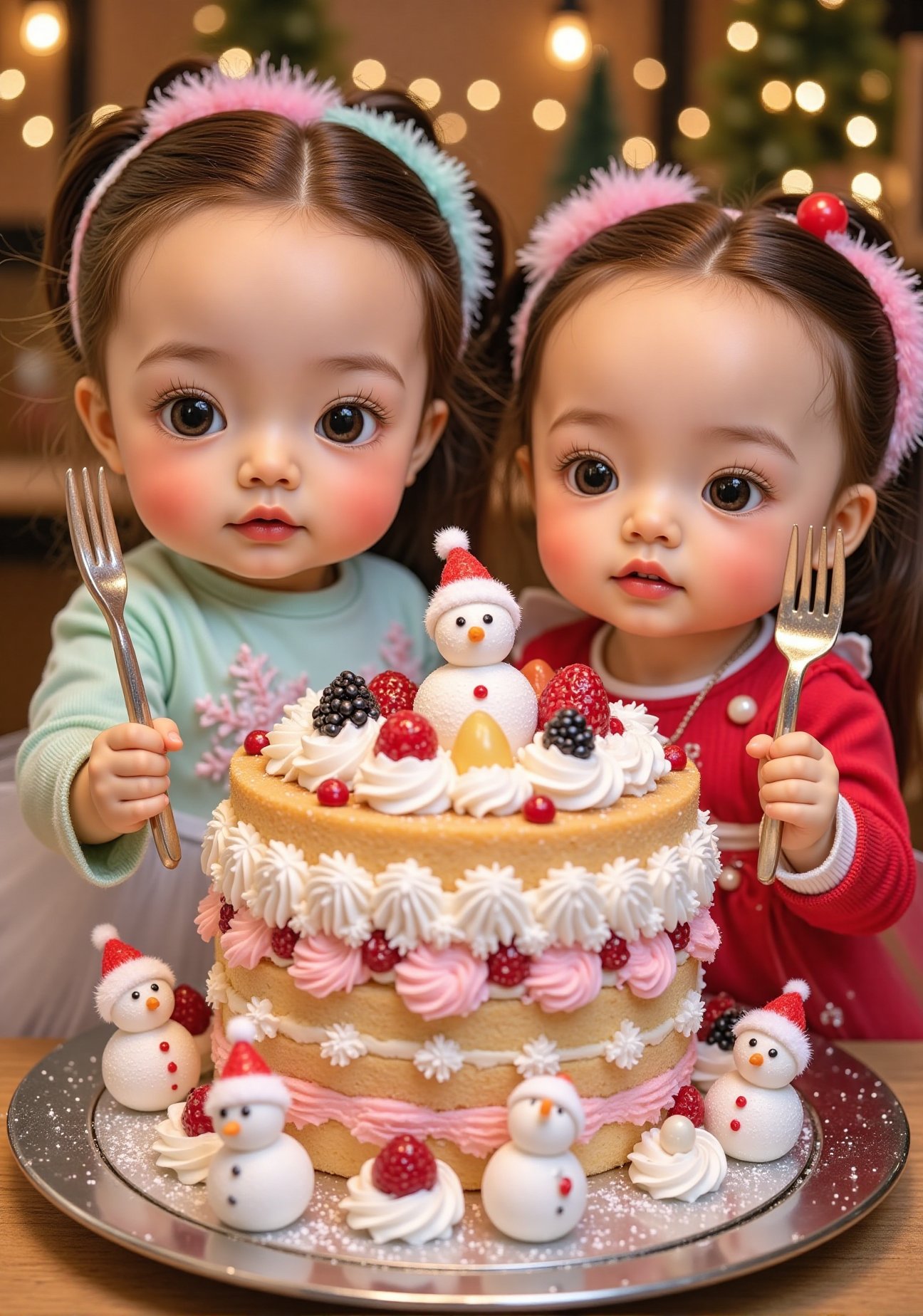 Two baby doll,  both light brown-haired and wearing Christmas-themed outfits,  are positioned around a large by Hooi Hong...
