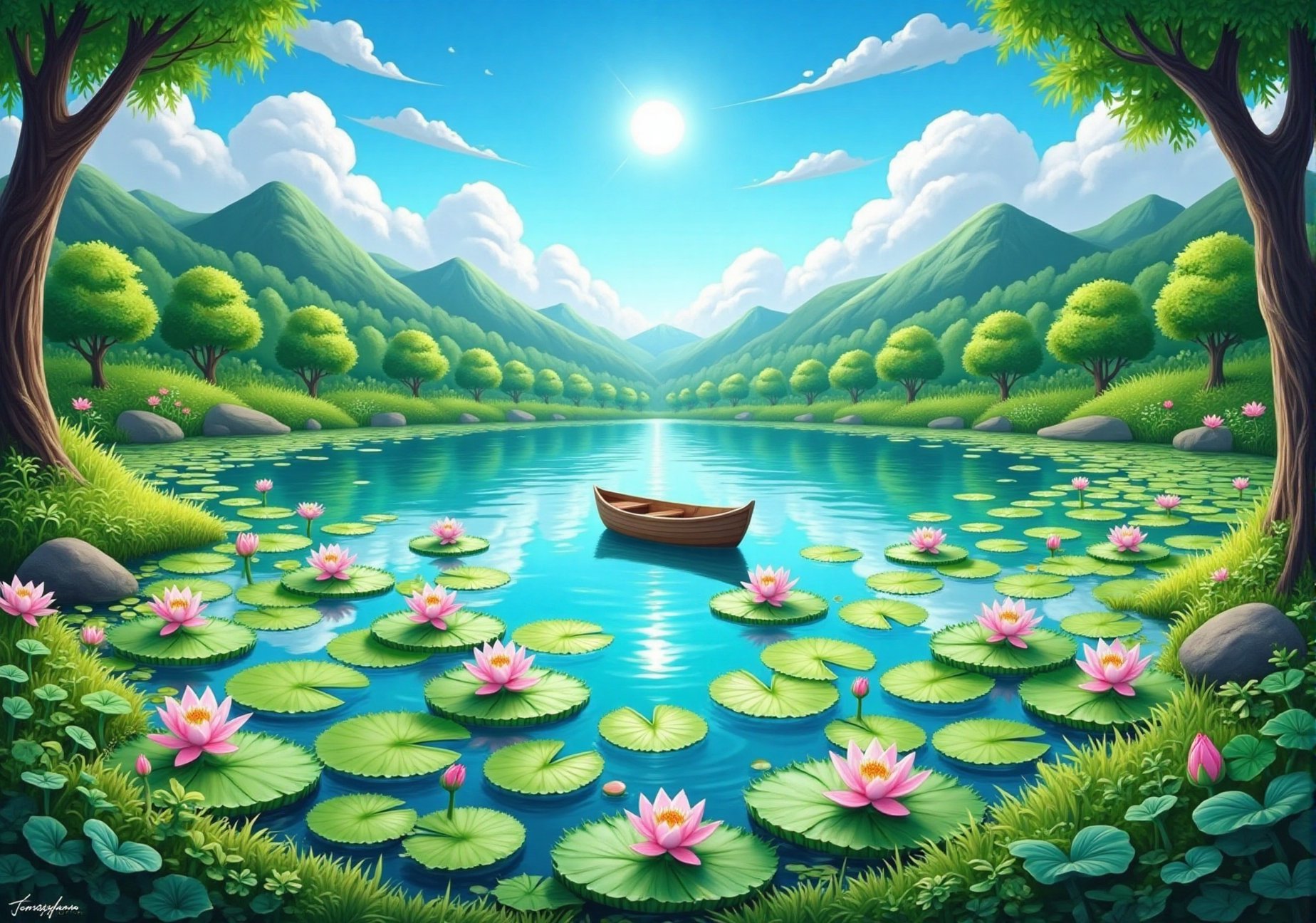 A serene landscape painting depicts a placid lake with abundant pink water lilies. The water is a vibrant,  light blue,  r...