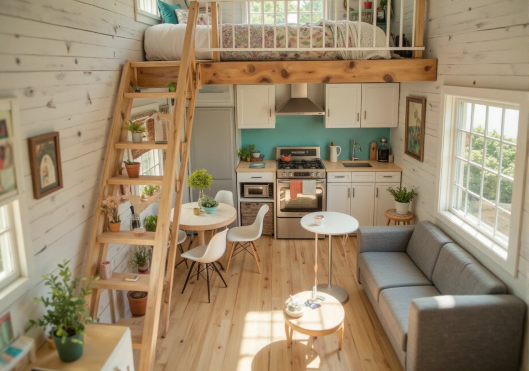 High-angle,  full shot of a cozy,  modern tiny house interior. Open-concept design with a loft bed by Hooi Hong on Tensor.Art