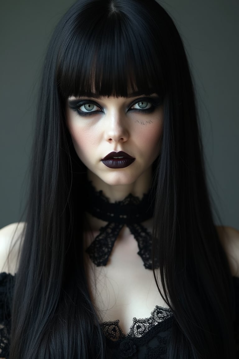 A 25-year-old woman with long,  straight raven-black hair,  dramatic dark makeup by Silmas on Tensor.Art