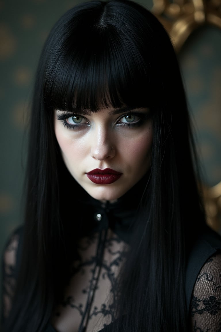 In a dimly lit setting,  a 25-year-old woman embodies gothic elegance. Her long,  straight raven-black hair cascades down...