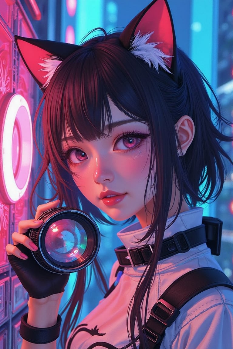 A cosplay character with dark hair and cat ears,  her face illuminated by the vibrant glow of neon lights. She holds a det...