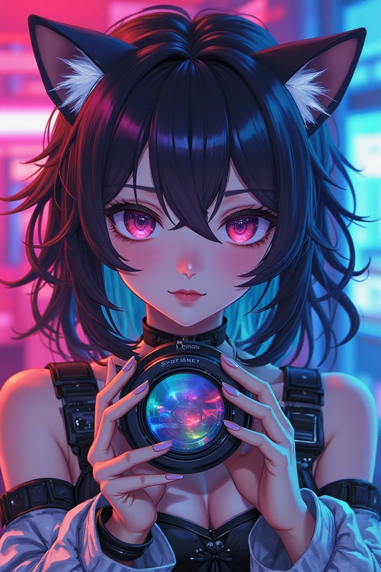 A cosplay character with dark hair and cat ears,  her face illuminated by the vibrant glow of neon lights. She holds a det...