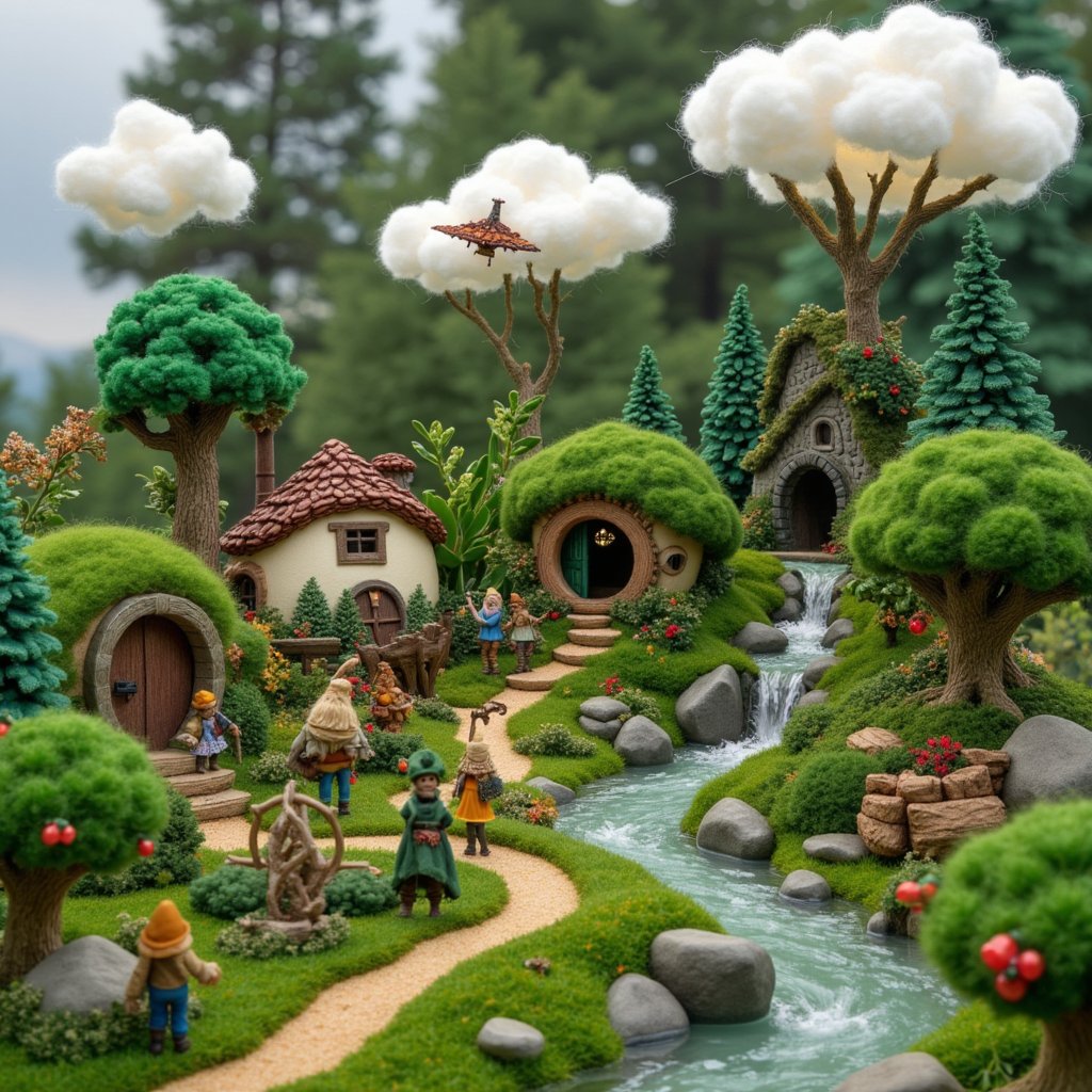 Microworld:A fantastical 3D world where every element,  from the trees to the clouds,  is made of various types of denim f...