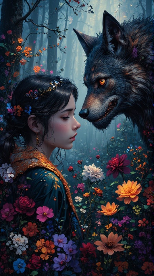 wide shot,  illustration of a stunning young lady in the middle age era face to face with a big muscular werewolf in the w...