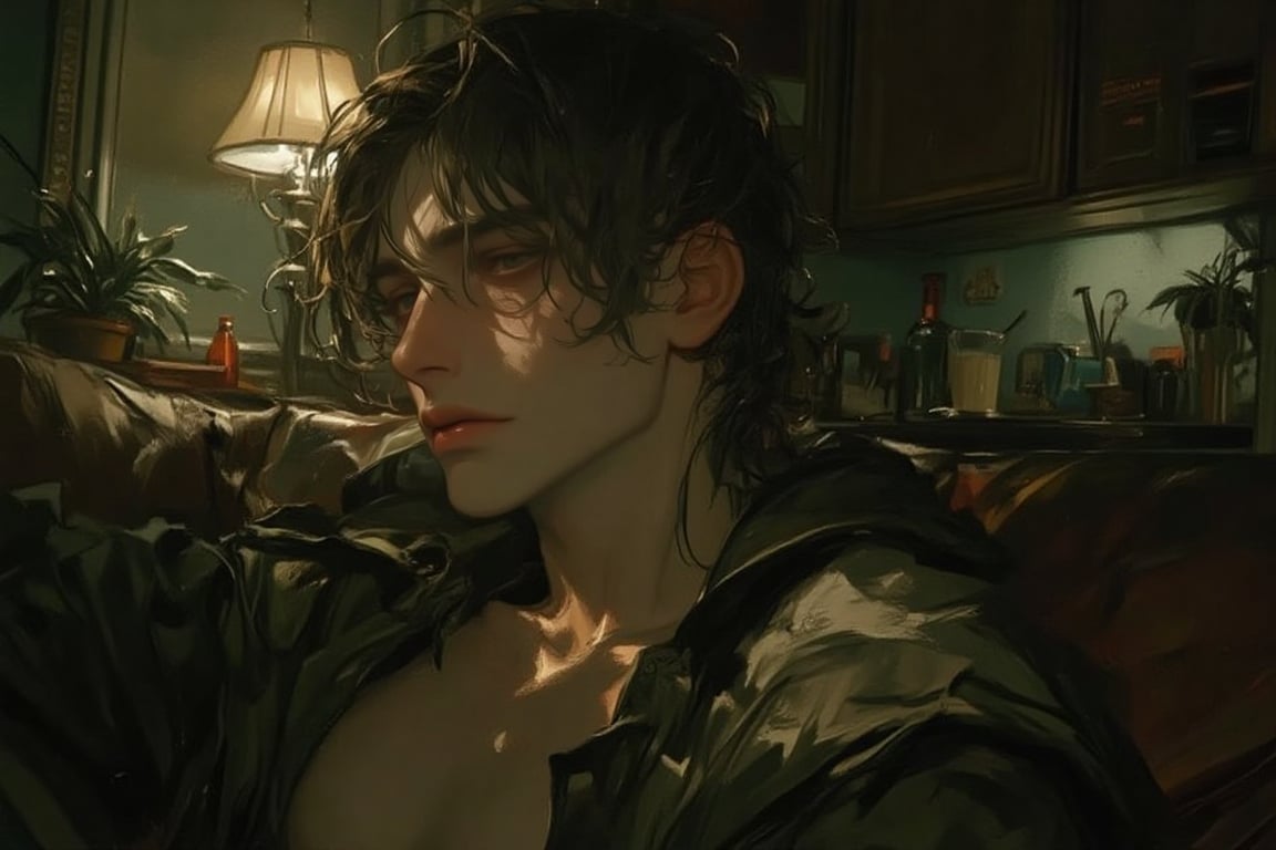 (Semi-realistic digital painting,  painterly style,  moody cinematic lighting) A studio apartment with a messy by xsonder...