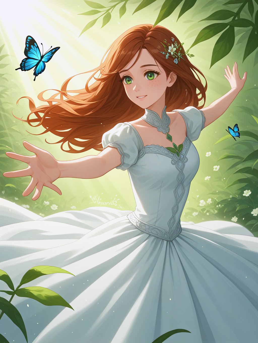 A beautiful young girl with radiant auburn hair that cascades down her back,  framing her delicately freckled face. She is...