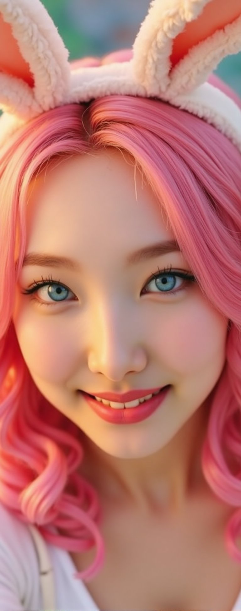 A close-up shot from above captures Nayeon dressed as Playboy Bunny,  her bright pink hair styled in curly locks,  surroun...