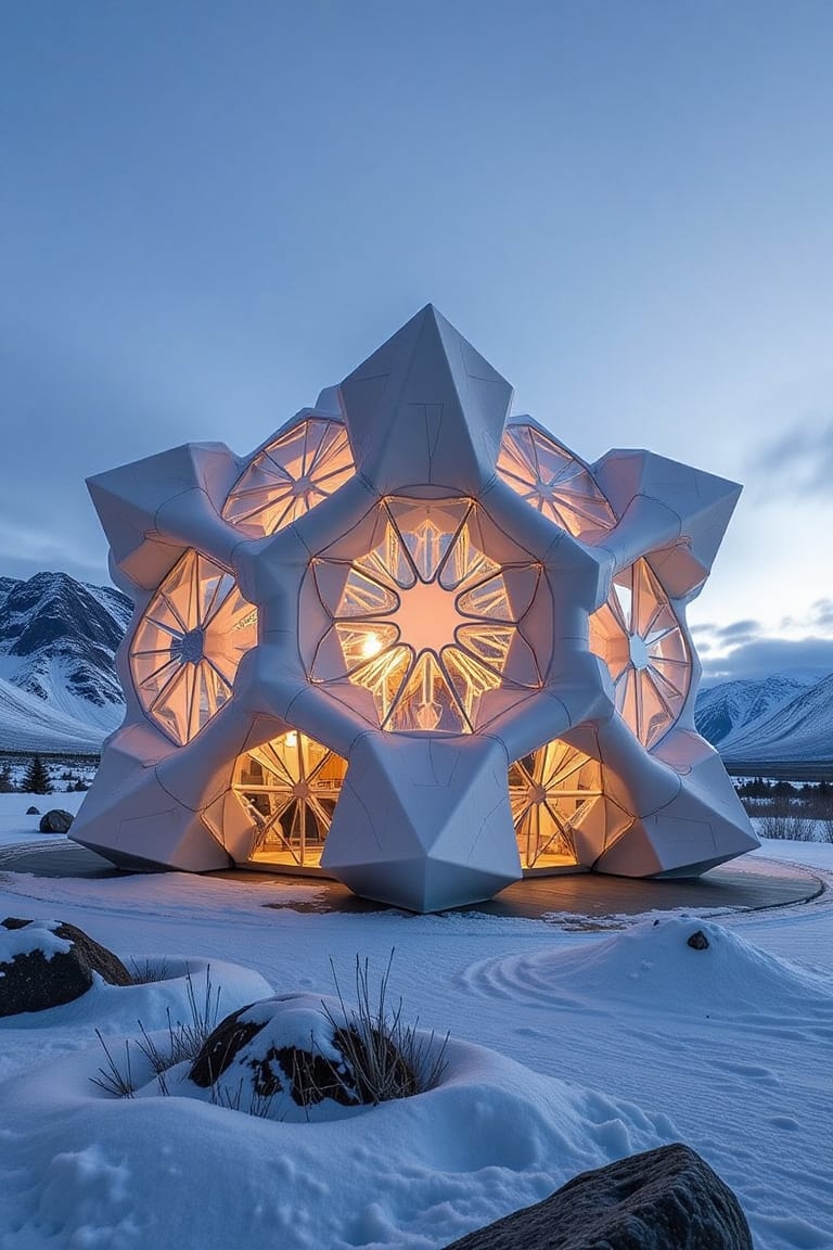 " In the midst of Iceland's breathtaking landscapes,  the Snowflake Museum stands out as an architectural marvel. Exterior...