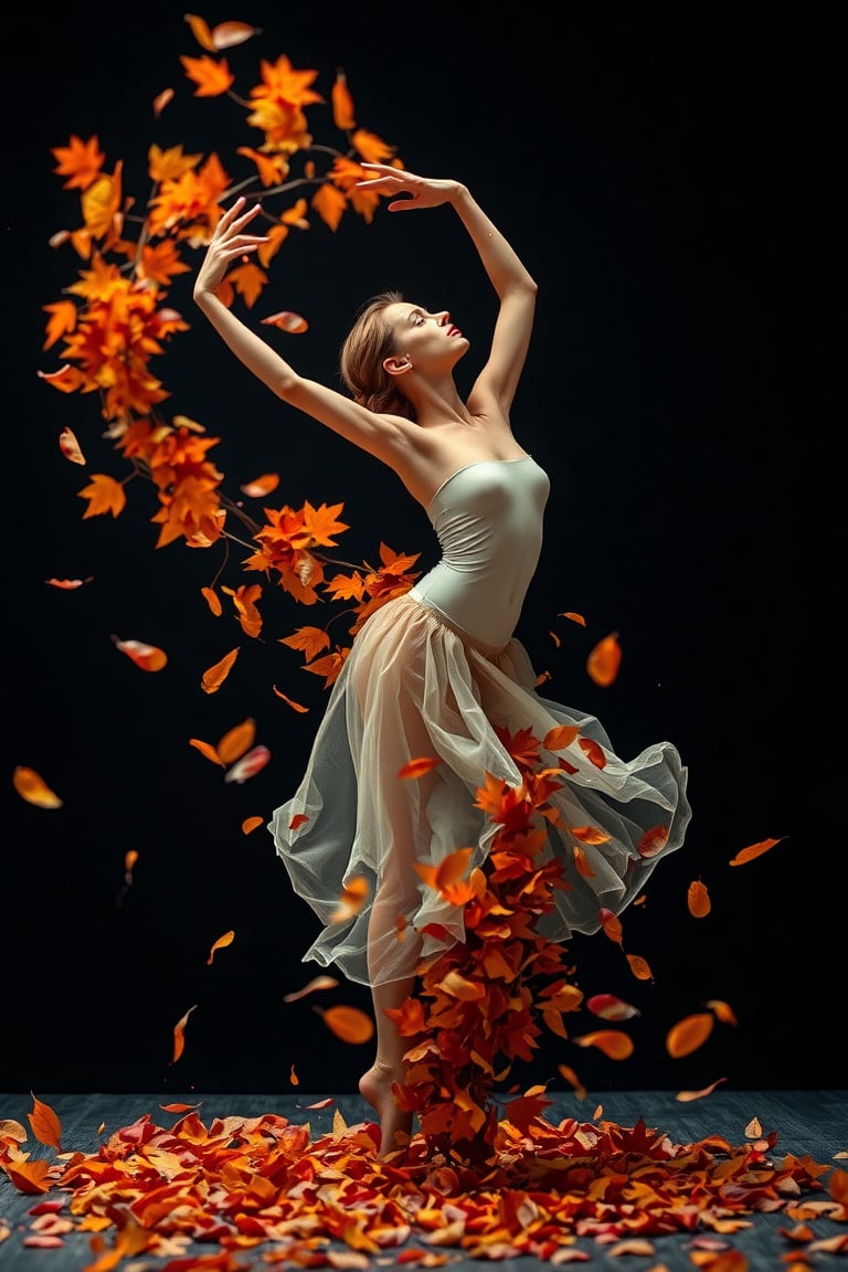 A captivating artistic portrayal of a dancer gracefully transitioning into a whirlwind of autumn leaves colors ,  symboliz...