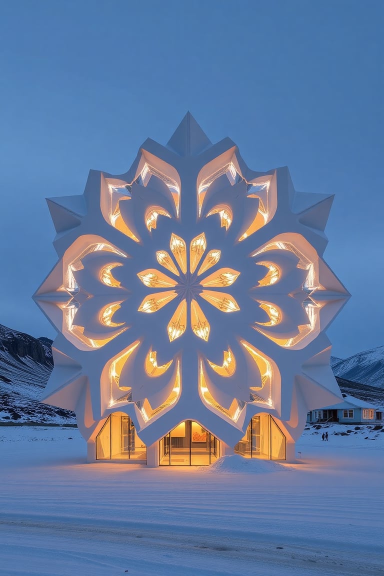 " In the midst of Iceland's breathtaking landscapes,  the Snowflake Museum stands out as an architectural marvel. Exterior...