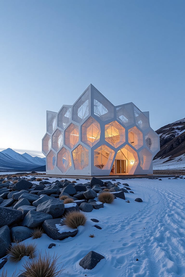 " In the midst of Iceland's breathtaking landscapes,  the Snowflake Museum stands out as an architectural marvel. Exterior...