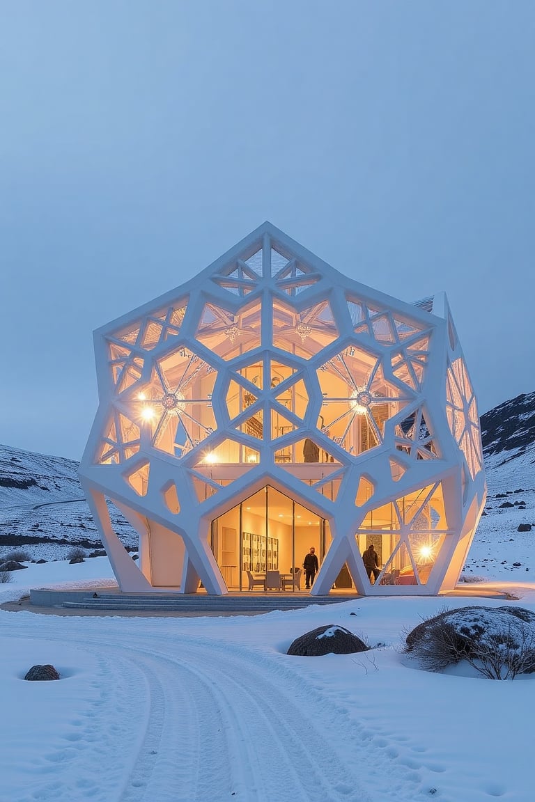 " In the midst of Iceland's breathtaking landscapes,  the Snowflake Museum stands out as an architectural marvel. Exterior...