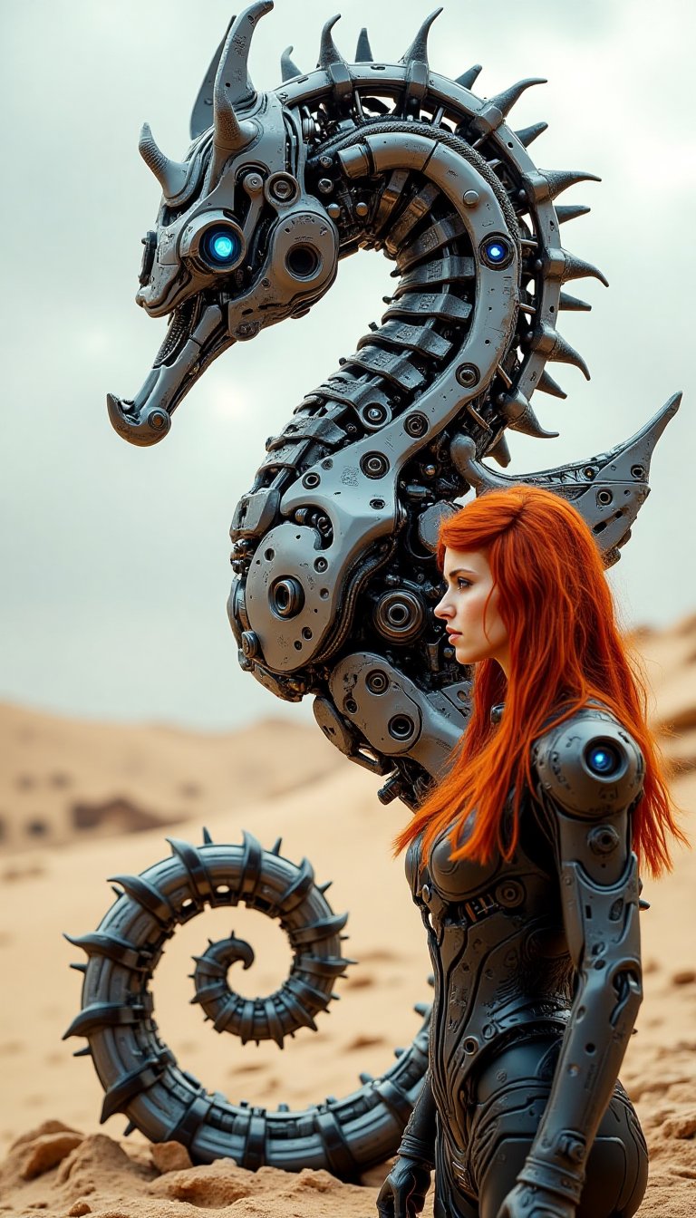 A frontal view of a mechanical seahorse on a desert sand background. The shape of the seahorse conveys a strong mechanical...