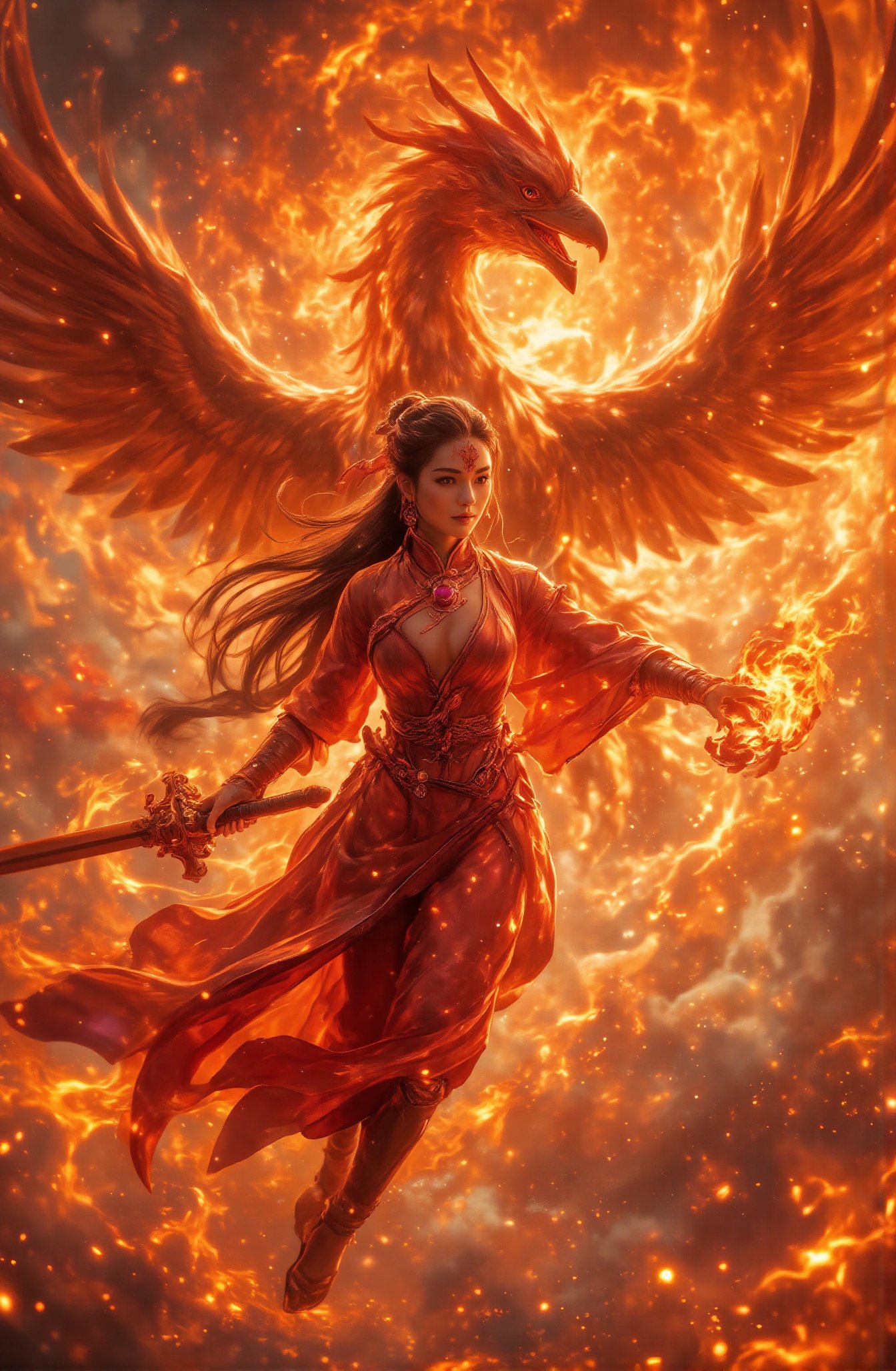 Score_9 is a tarot card that tells the story of a female phoenix knight preparing for battle in the blazing sun sky. At th...