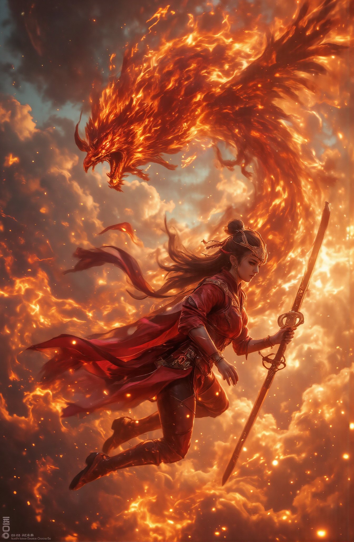 Score_9 is a tarot card that tells the story of a female phoenix knight preparing for battle in the blazing sun sky. At th...