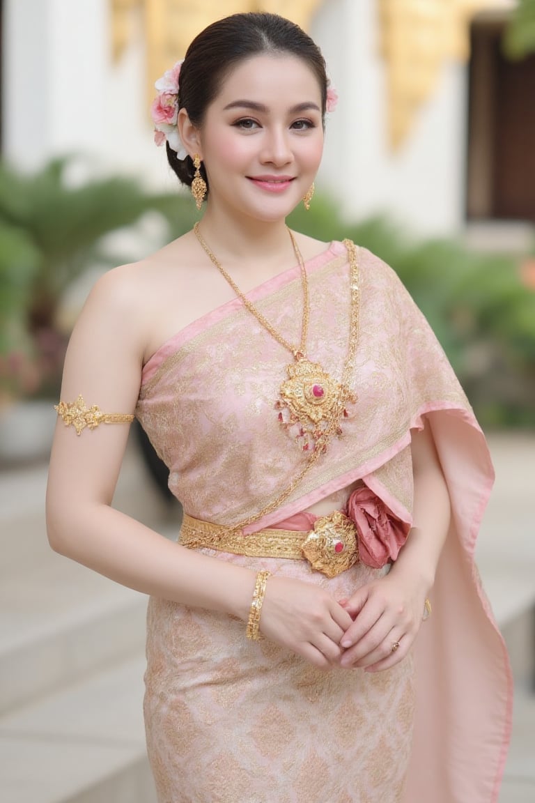 Portrait of A woman wearing a traditional Thai silk dress in soft pink and gold embroidery,  accessorized with gold jewelr...