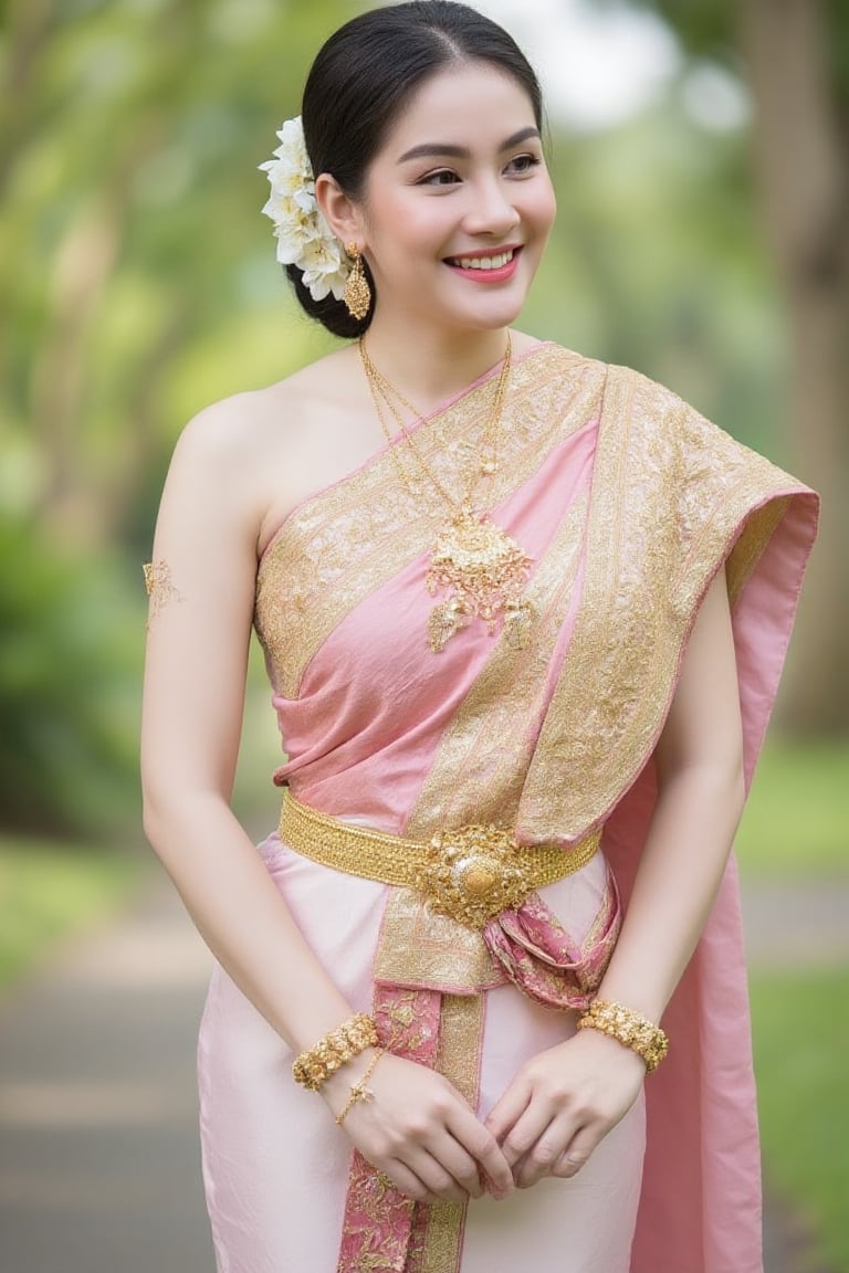 Portrait of A woman wearing a traditional Thai silk dress in soft pink and gold embroidery,  accessorized with gold jewelr...