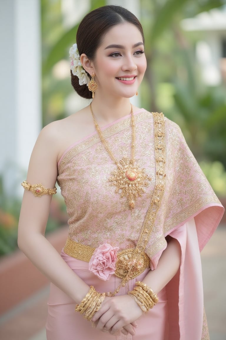 Portrait of A woman wearing a traditional Thai silk dress in soft pink and gold embroidery,  accessorized with gold jewelr...