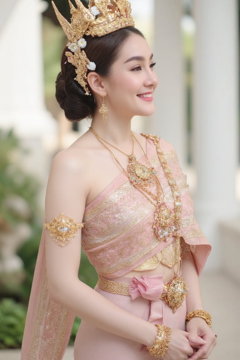 Portrait of A woman wearing a traditional Thai silk dress in soft pink and gold embroidery,  accessorized with gold jewelr...