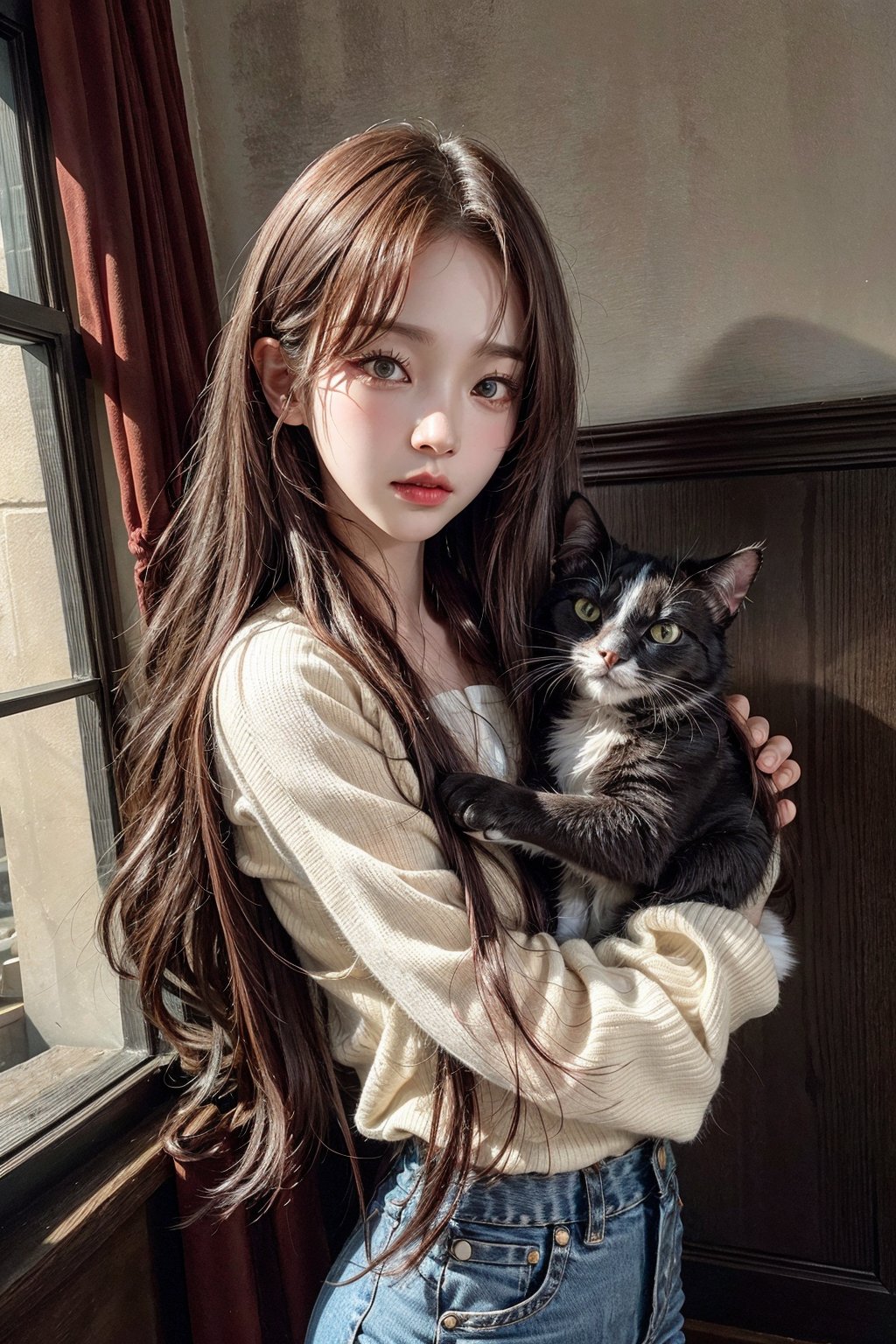 aespakarina,  selfie with cat,  hugging cat by AshK on Tensor.Art