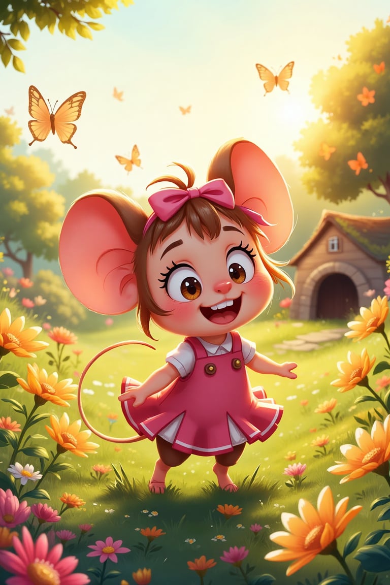 A small mouse named Millie,  wearing a pink bow and dress,  plays joyfully in a field full of colorful flowers and flutter...