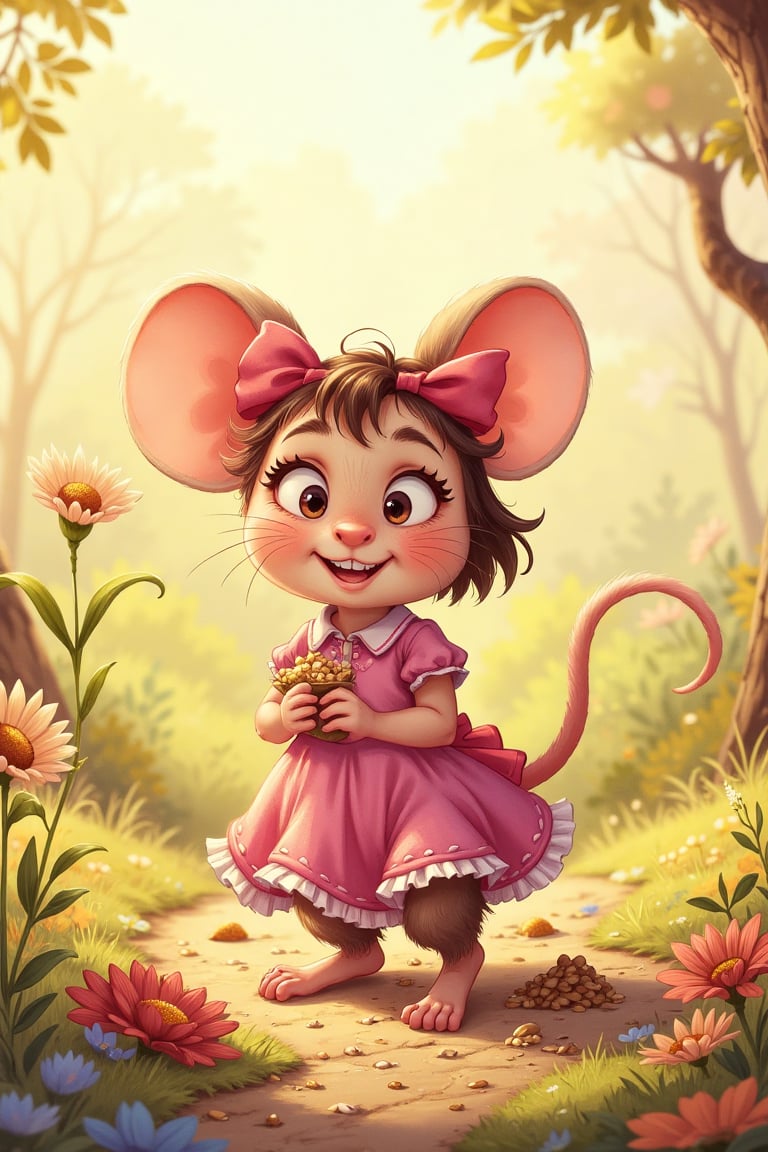 A small mouse named Millie,  wearing a pink bow and dress. She is collecting grains and seeds in an early morning. Add her...