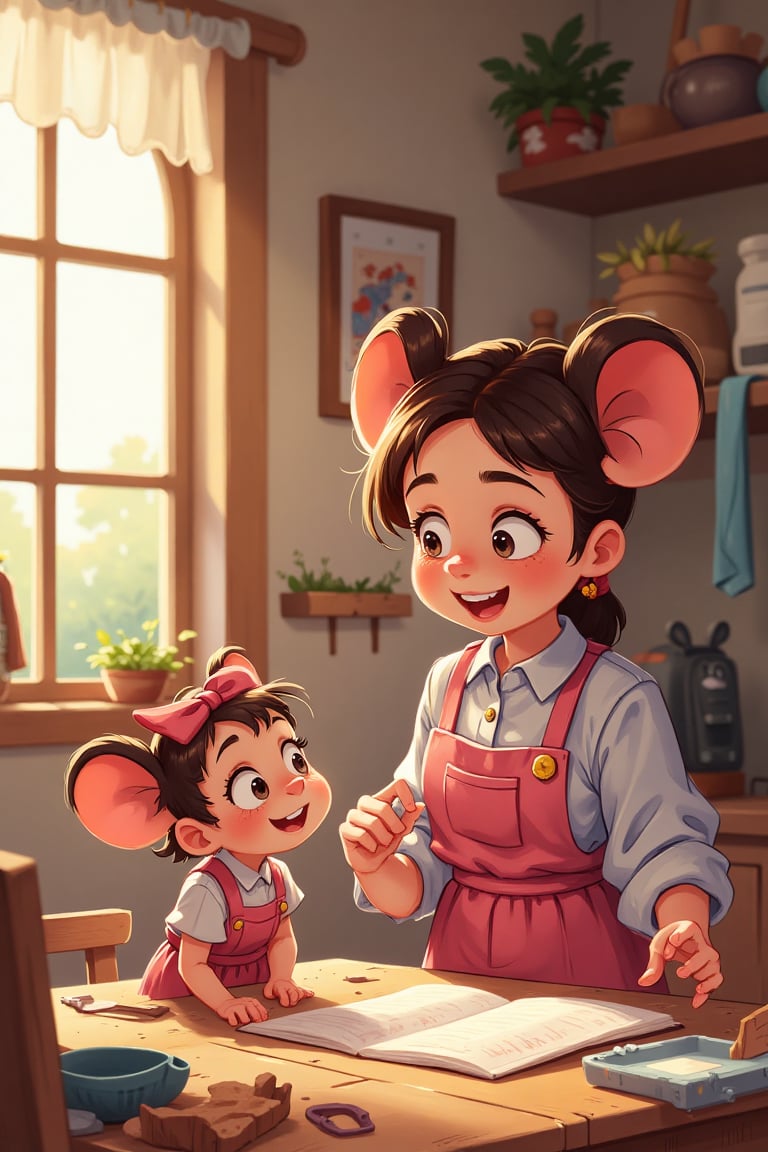 A small mouse named Millie,  wearing a pink bow and dress. SHE IS HELPING HER PARENTS DOING HOUSEHOLD CHORES. HER MOTHER I...