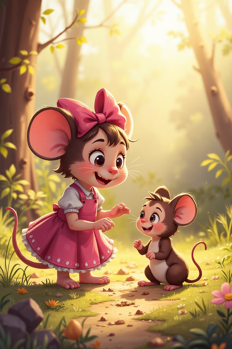 A small mouse named Millie,  wearing a pink bow and dress. She is collecting grains and seeds in an early morning. Add OTH...
