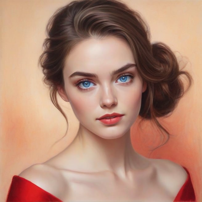 An elegant young woman with long brown hair pulled back into a messy hairstyle. She has fair skin,  expressive blue eyes a...