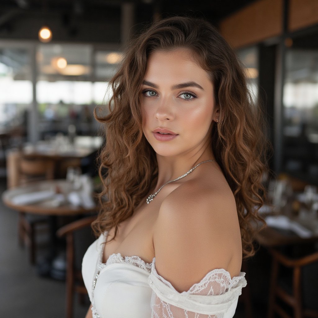 A stunning young woman in a white-rose hued cocktail dress poses elegantly against the modern restaurant's sleek backdrop,...