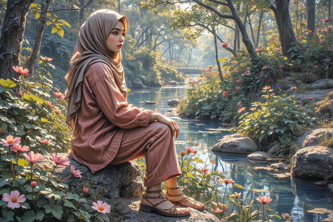 Create a 3D embossed collage on canvas depicting a close up Malay girl in a long hijab and traditional baju kurung. The ba...